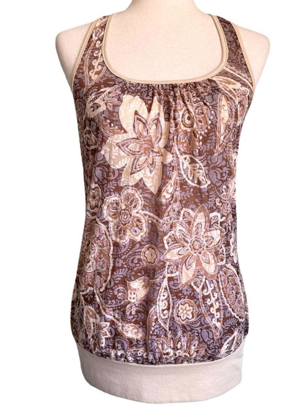 Y2K Mall Charlotte Russe Brown Floral Twist Back Tank Top Cream Trim Medium
